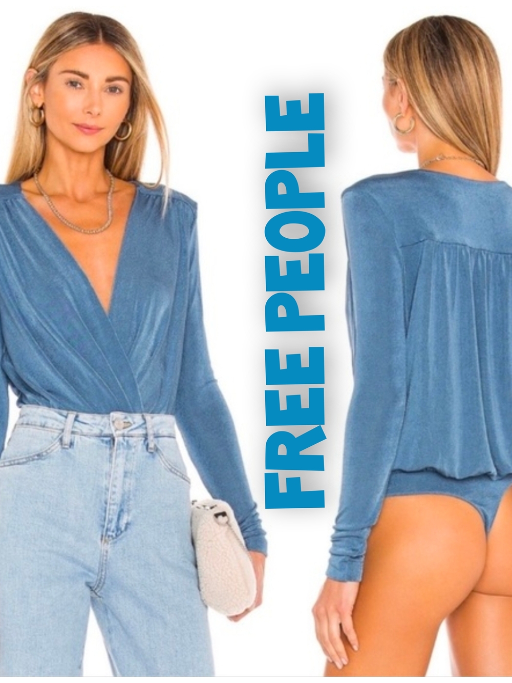 Free People Blue Wrap-Style Long Sleeve Bodysuit